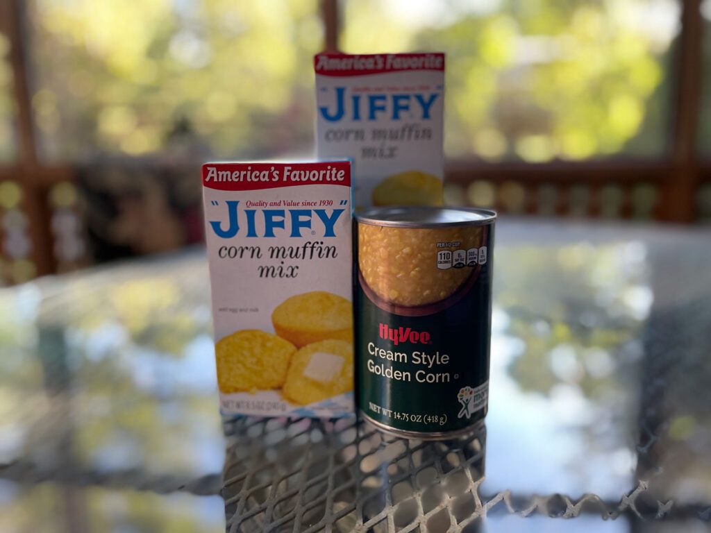 Jiffy Corn muffin mix and can of cream style corn