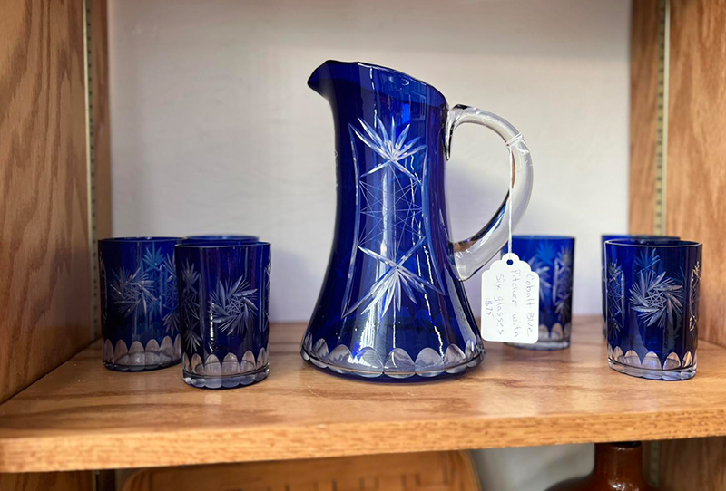 Thrift-1 blue glass pitcher and glasses for resale