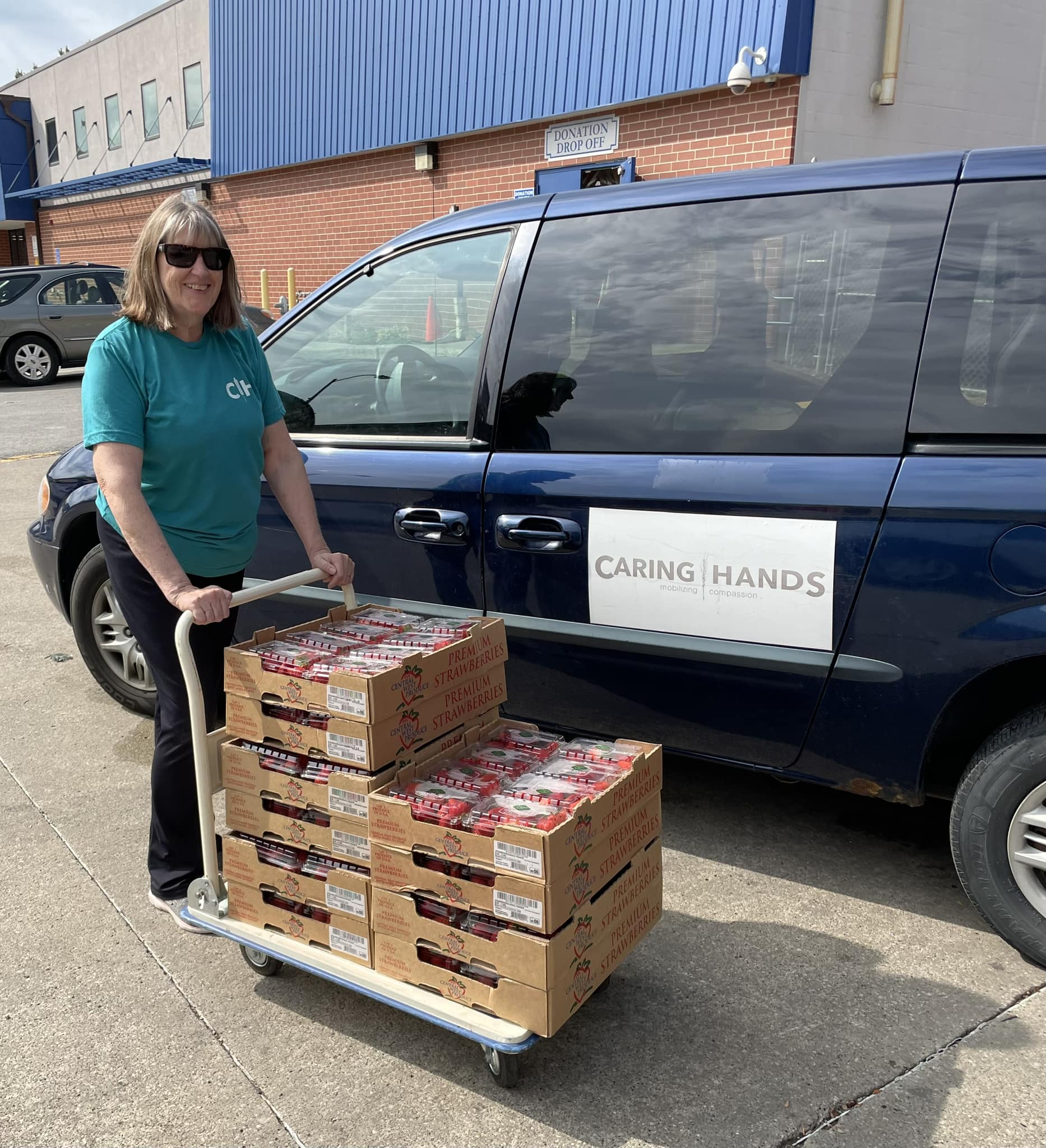 Person pushing flat of strawberries in front of a van